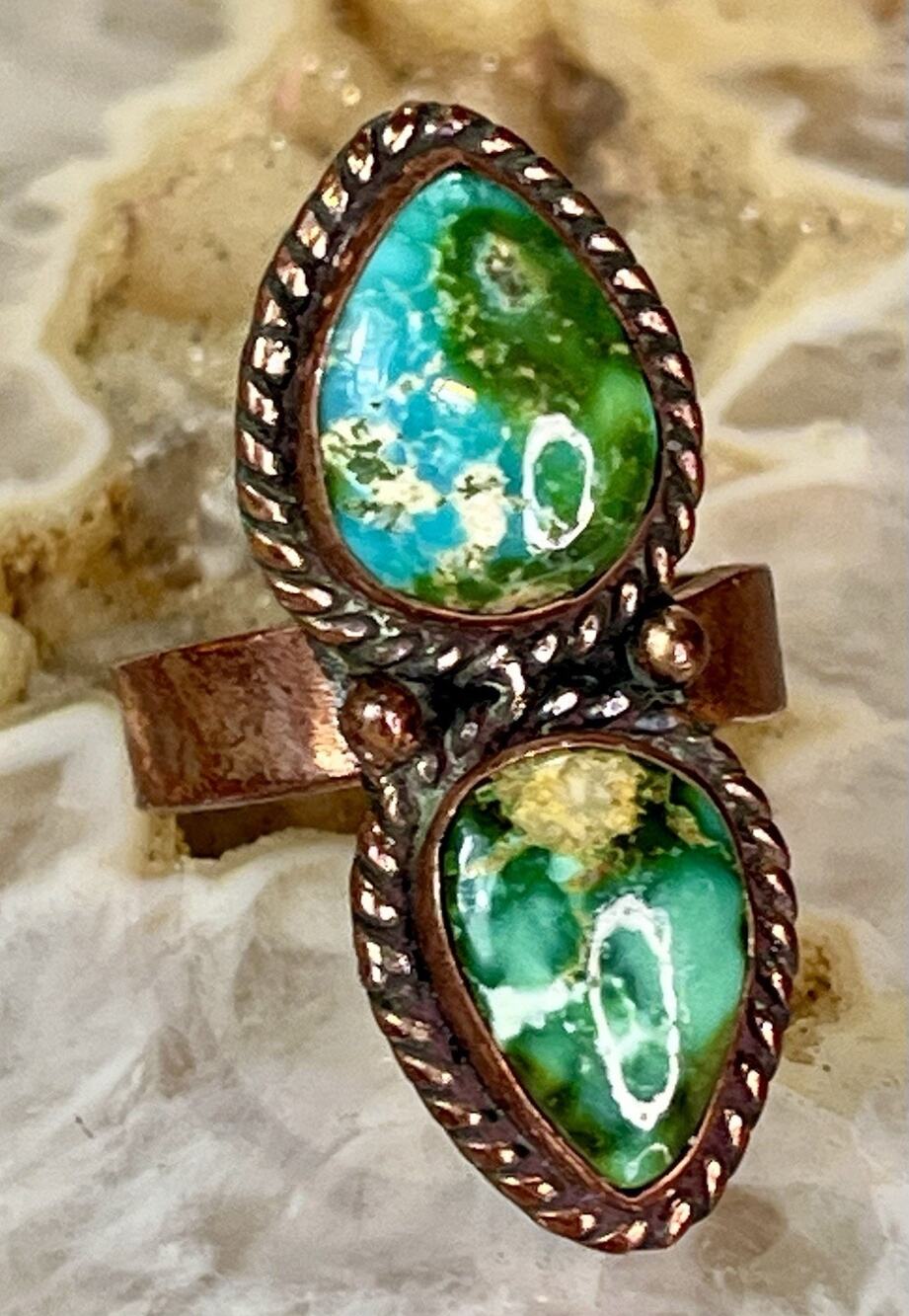 Southwestern Solid Copper Sonoran Gold Turquoise Double Stone Ring Adjustable